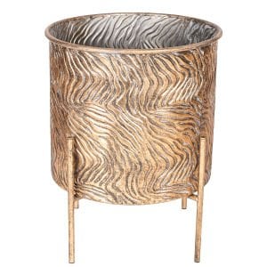 Dalga Desenli Ayaklı Silindir Metal Çiçeklik Saksı Altın Eskitme 31x38 Cm.