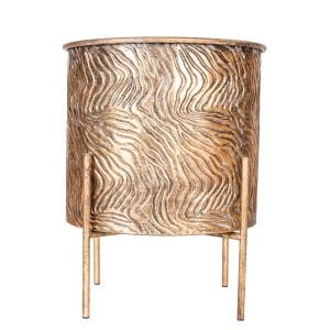 Dalga Desenli Ayaklı Silindir Metal Çiçeklik Saksı Altın Eskitme 31x38 Cm.