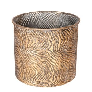 Dalga Desenli Ayaklı Silindir Metal Çiçeklik Saksı Altın Eskitme 31x38 Cm.