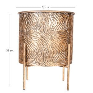Dalga Desenli Ayaklı Silindir Metal Çiçeklik Saksı Altın Eskitme 31x38 Cm.