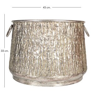Kabartma Desenli Kulplu Metal Çiçeklik Kazan Saksı Gümüş Eskitme 45x33 Cm.