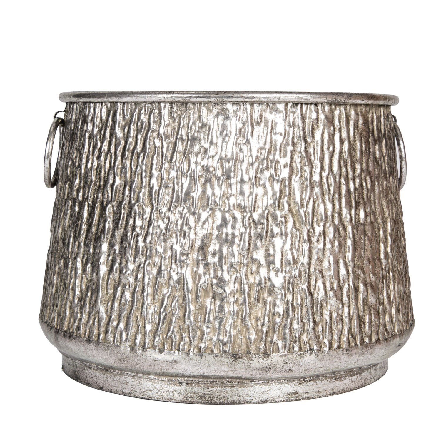 Kabartma Desenli Kulplu Metal Çiçeklik Kazan Saksı Gümüş Eskitme 39,5x29 Cm.