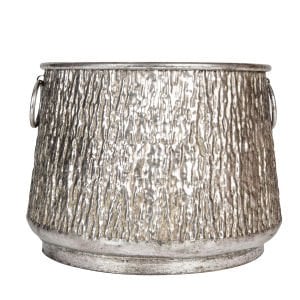 Kabartma Desenli Kulplu Metal Çiçeklik Kazan Saksı Gümüş Eskitme 39,5x29 Cm.