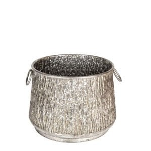 Kabartma Desenli Kulplu Metal Çiçeklik Kazan Saksı Gümüş Eskitme 39,5x29 Cm.