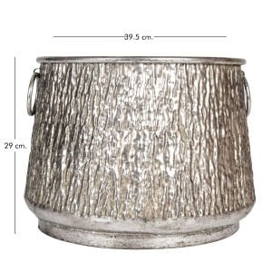 Kabartma Desenli Kulplu Metal Çiçeklik Kazan Saksı Gümüş Eskitme 39,5x29 Cm.