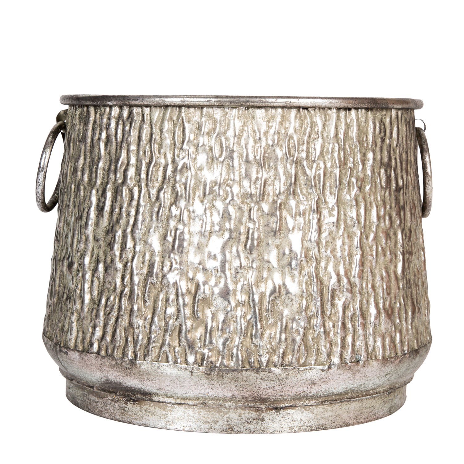 Kabartma Desenli Metal Çiçeklik Kazan Saksı Gümüş Eskitme 32x24,5 Cm.