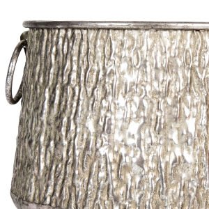 Kabartma Desenli Metal Çiçeklik Kazan Saksı Gümüş Eskitme 32x24,5 Cm.