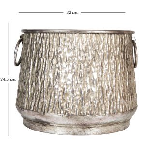 Kabartma Desenli Metal Çiçeklik Kazan Saksı Gümüş Eskitme 32x24,5 Cm.