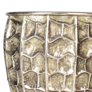 Kabartma Desenli Metal Çiçeklik Saksı Gümüş Eskitme 45x38,5 Cm.