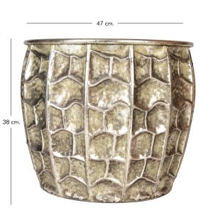 Kabartma Desenli Metal Çiçeklik Saksı Gümüş Eskitme 45x38,5 Cm.
