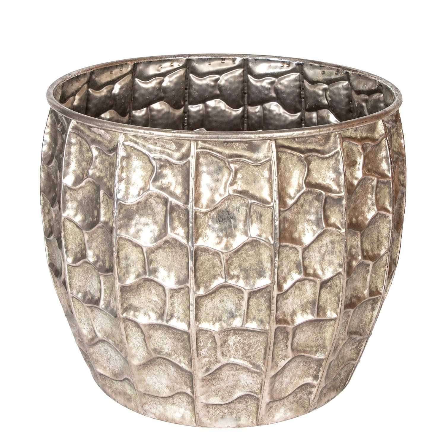 Kabartma Desenli Metal Çiçeklik Saksı Gümüş Eskitme 37,5x32,5 Cm.