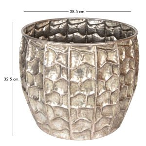 Kabartma Desenli Metal Çiçeklik Saksı Gümüş Eskitme 37,5x32,5 Cm.