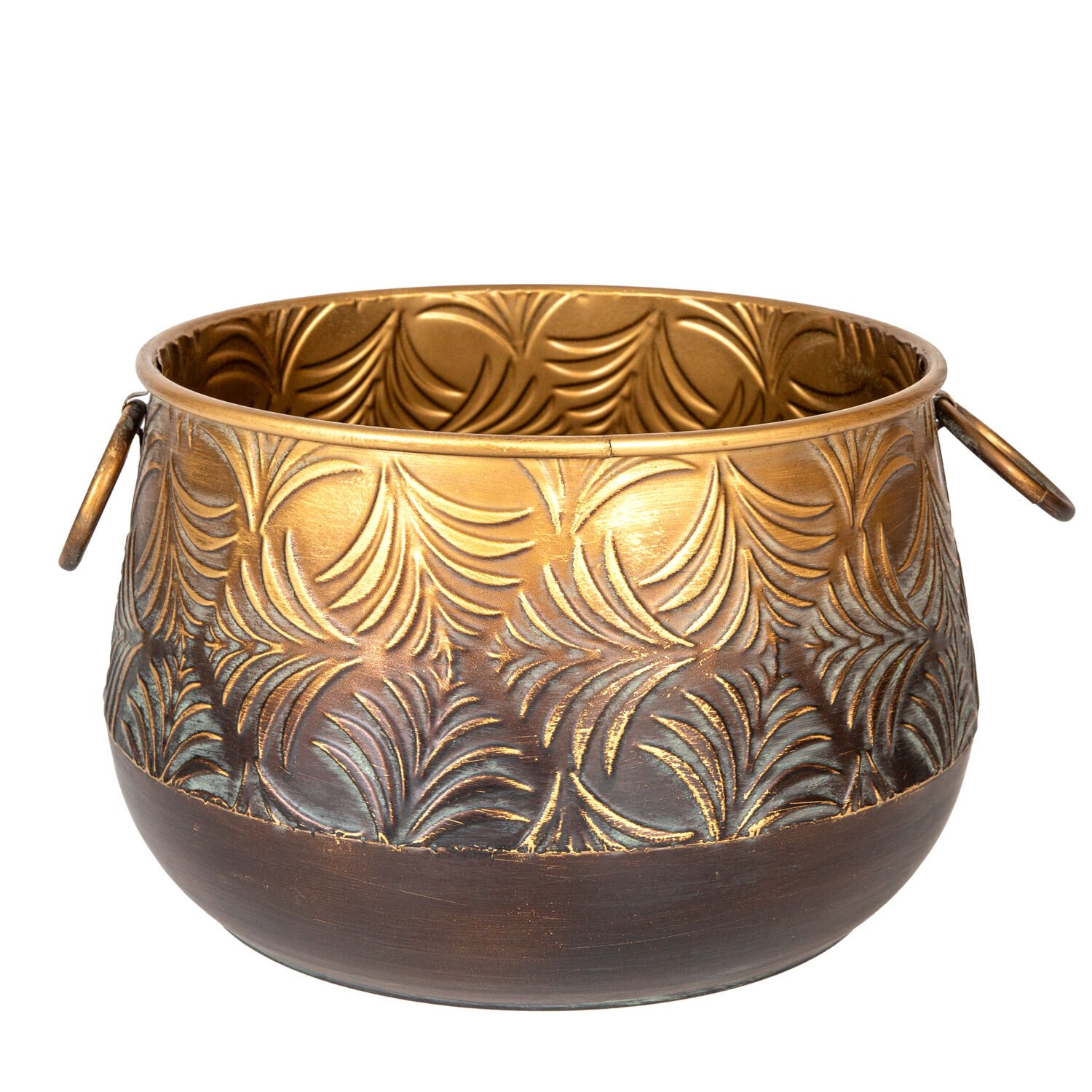 Kabartma Yaprak Desenli Kulplu Metal Çiçeklik Saksı Altın Eskitme 36,50x23 Cm.