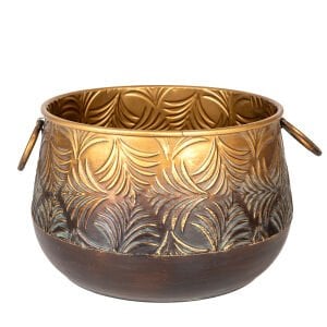 Kabartma Yaprak Desenli Kulplu Metal Çiçeklik Saksı Altın Eskitme 36,50x23 Cm.