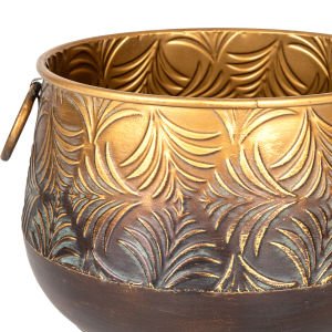 Kabartma Yaprak Desenli Kulplu Metal Çiçeklik Saksı Altın Eskitme 36,50x23 Cm.