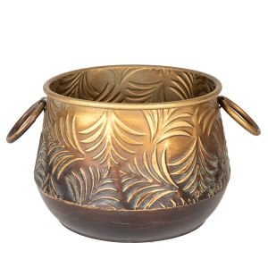 Kabartma Yaprak Desenli Kulplu Metal Çiçeklik Saksı Altın Eskitme 27x18,5 Cm.