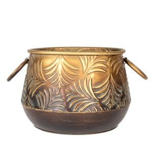Kabartma Yaprak Desenli Kulplu Metal Çiçeklik Saksı Altın Eskitme 27x18,5 Cm.