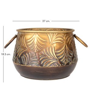 Kabartma Yaprak Desenli Kulplu Metal Çiçeklik Saksı Altın Eskitme 27x18,5 Cm.