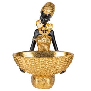 Dekoratif Biblo Kucağında Sepet Taşıyan Afrikalı Kadın Gold-Siyah 16x23 Cm.