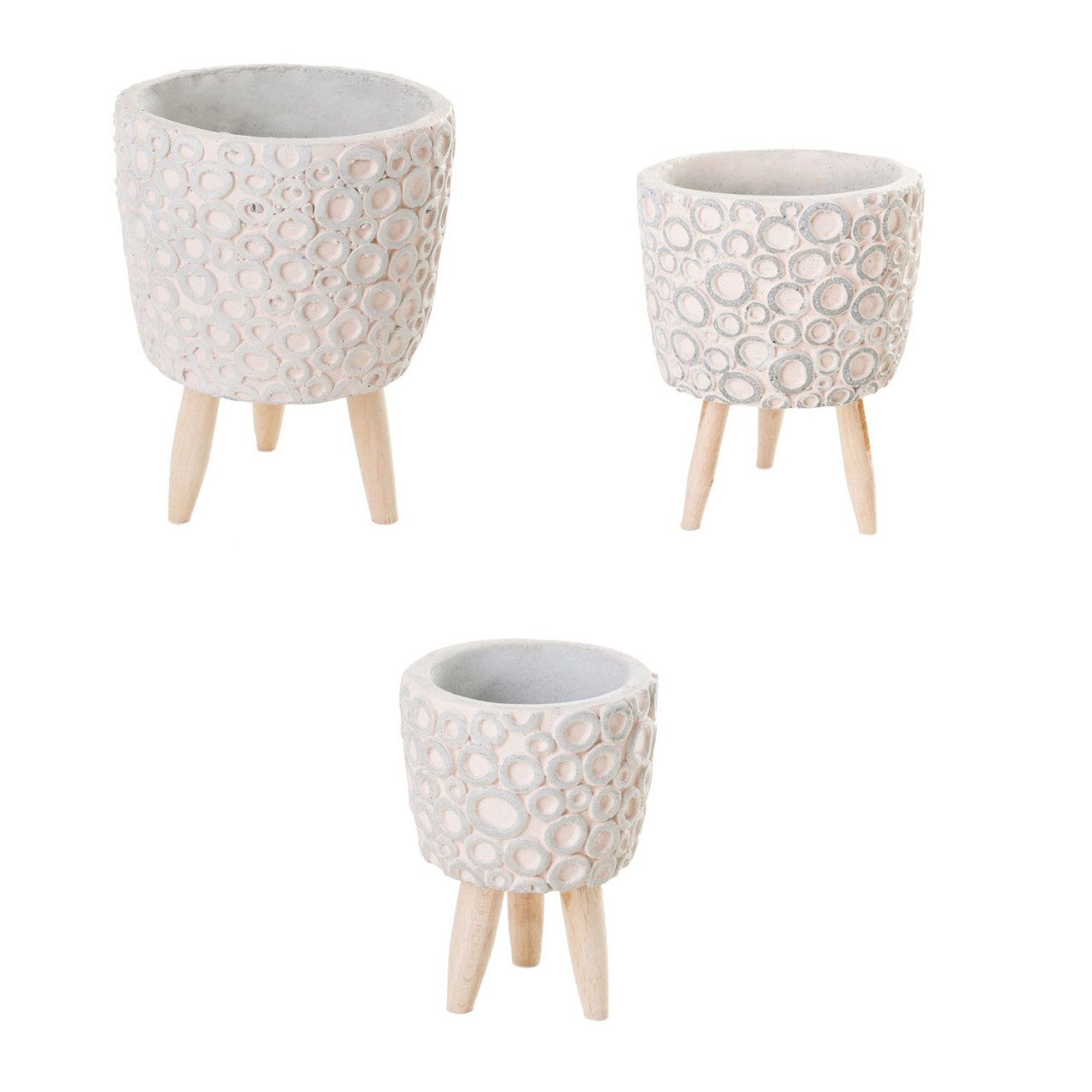 Veramaya Ayaklı 3 Lü Set Halka Desenli Somon Renk Beton Saksı