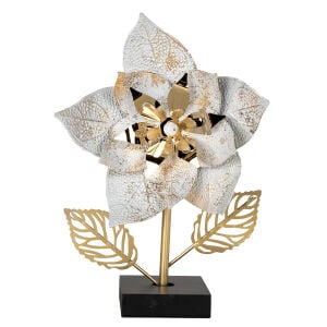 Dekoratif Metal Çiçekli Biblo Masa Süsü Gold-Beyaz 22x32 Cm.