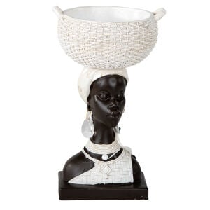 Dekoratif Polyester Biblo Sepet Taşıyan Afrikalı Kadın Kahve-Beyaz 13,5x22 Cm.