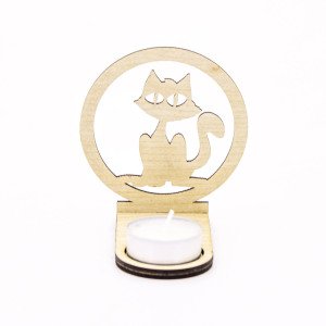 Veramaya Ahşap Lazer Kesim Tealight Kedi Gölge Mumluk 9x10x5 Cm