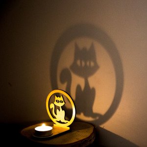 Veramaya Ahşap Lazer Kesim Tealight Kedi Gölge Mumluk 9x10x5 Cm