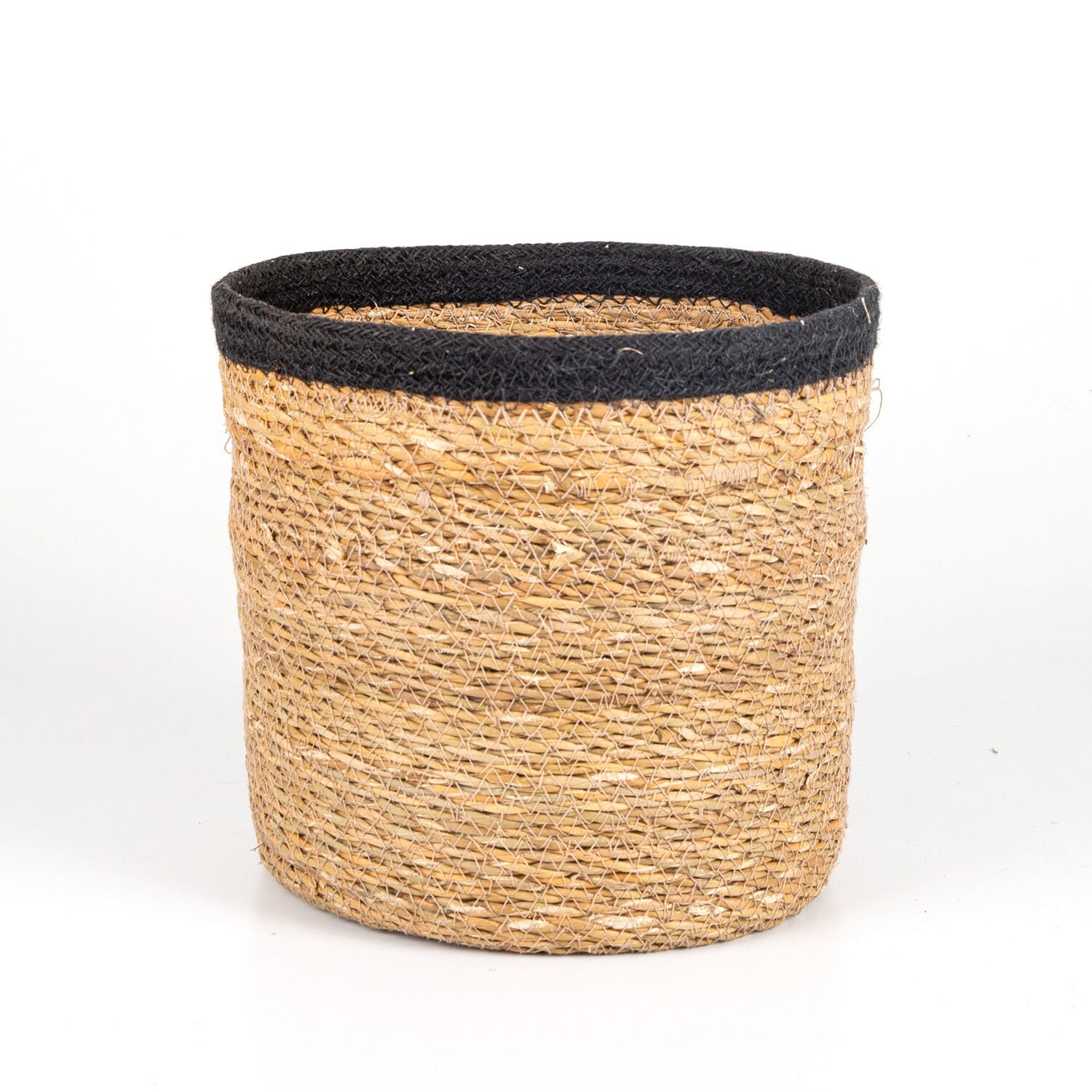 Siyah Kuşaklı Yuvarlak Küçük Hasır Sepet Natural 25 x 23 Cm.