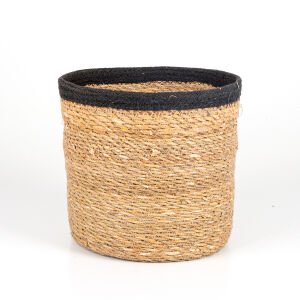 Siyah Kuşaklı Yuvarlak Küçük Hasır Sepet Natural 25 x 23 Cm.
