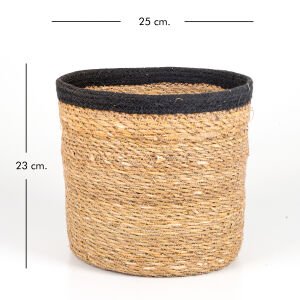 Siyah Kuşaklı Yuvarlak Küçük Hasır Sepet Natural 25 x 23 Cm.