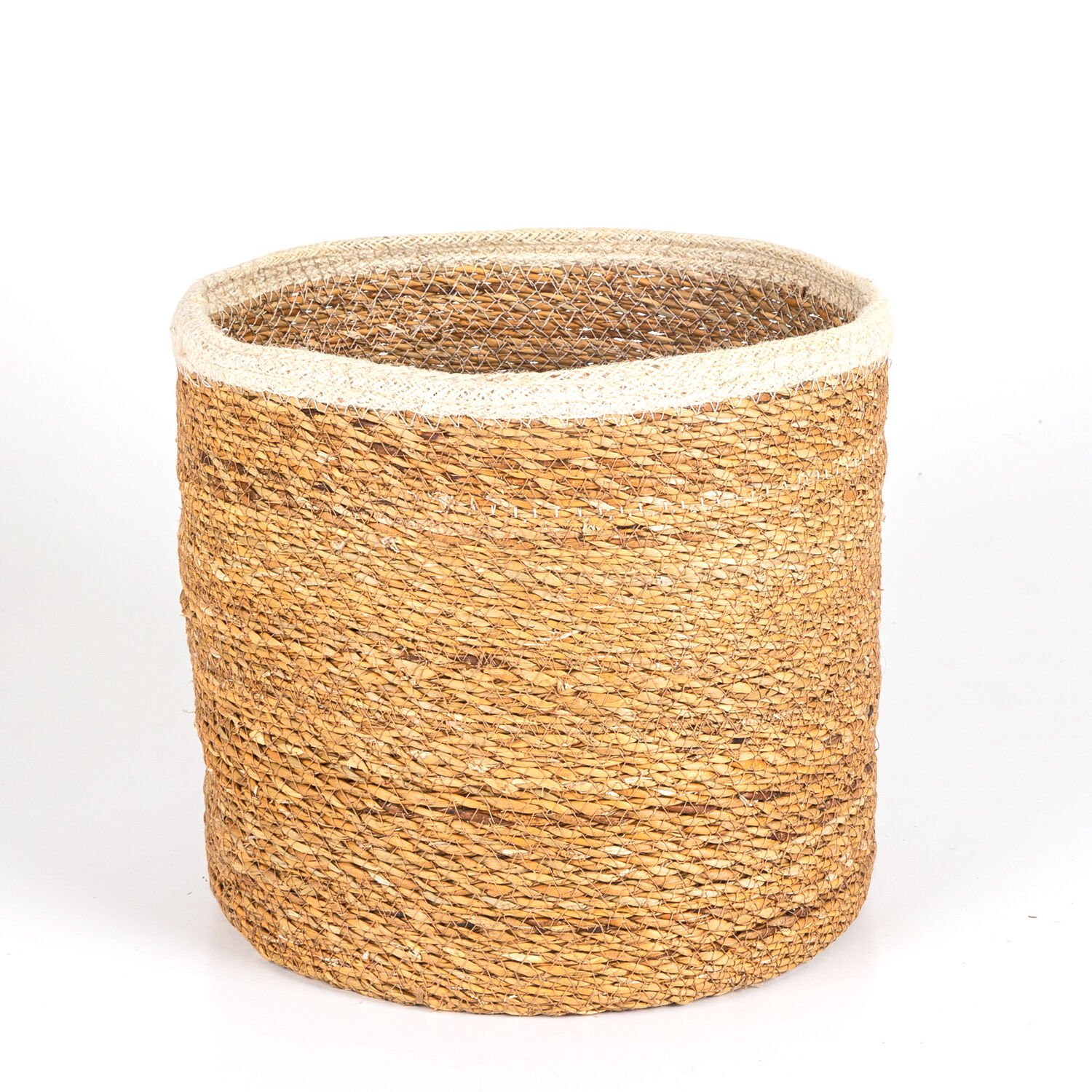 Beyaz Kuşaklı Yuvarlak Büyük Hasır Sepet 32 x 27 Cm.