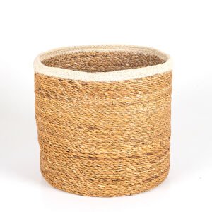 Beyaz Kuşaklı Yuvarlak Büyük Hasır Sepet 32 x 27 Cm.
