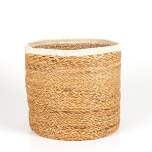 Beyaz Kuşaklı Yuvarlak Büyük Hasır Sepet 32 x 27 Cm.