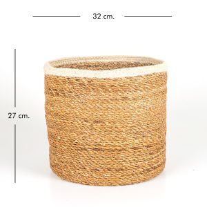 Beyaz Kuşaklı Yuvarlak Büyük Hasır Sepet 32 x 27 Cm.