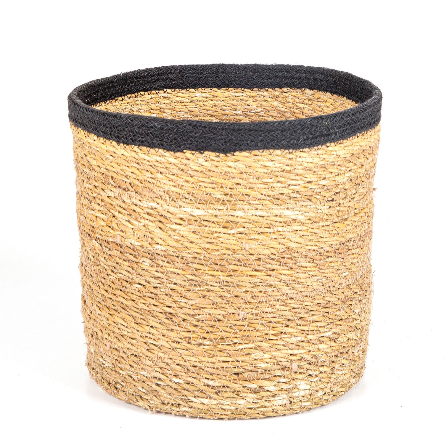 Siyah Kuşaklı Yuvarlak Orta Hasır Sepet Natural 28 x 26 Cm.