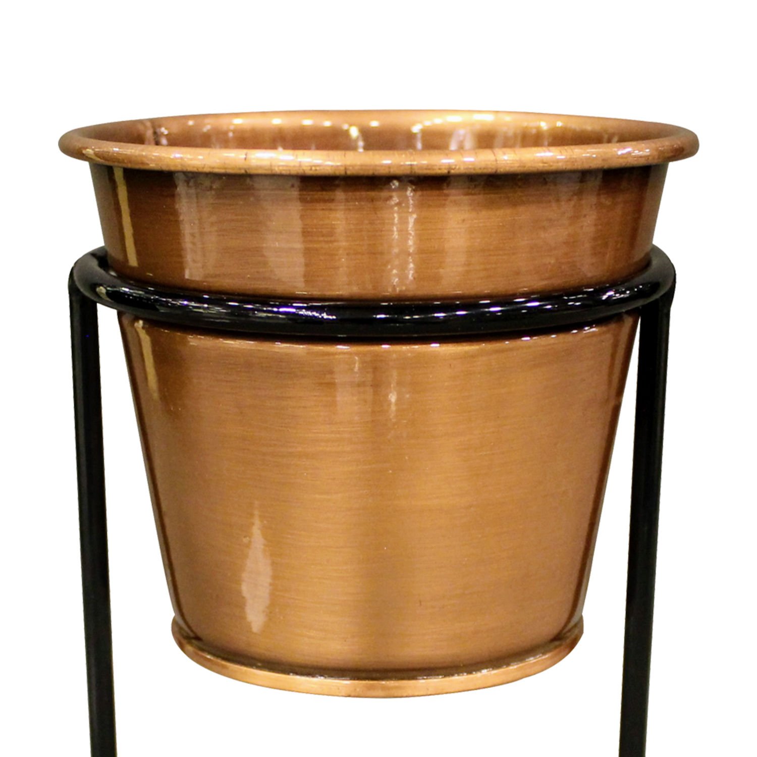 Metal Saksı, Parlak Bakır - Tekli, Standlı, 13 x 21 cm