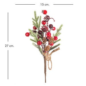 Yılbaşı Süsü Pike Berry Aranjman İpli  Çam Kozalağı Nar Figürlü Kırmızı-Yeşil 15 x 27 Cm.