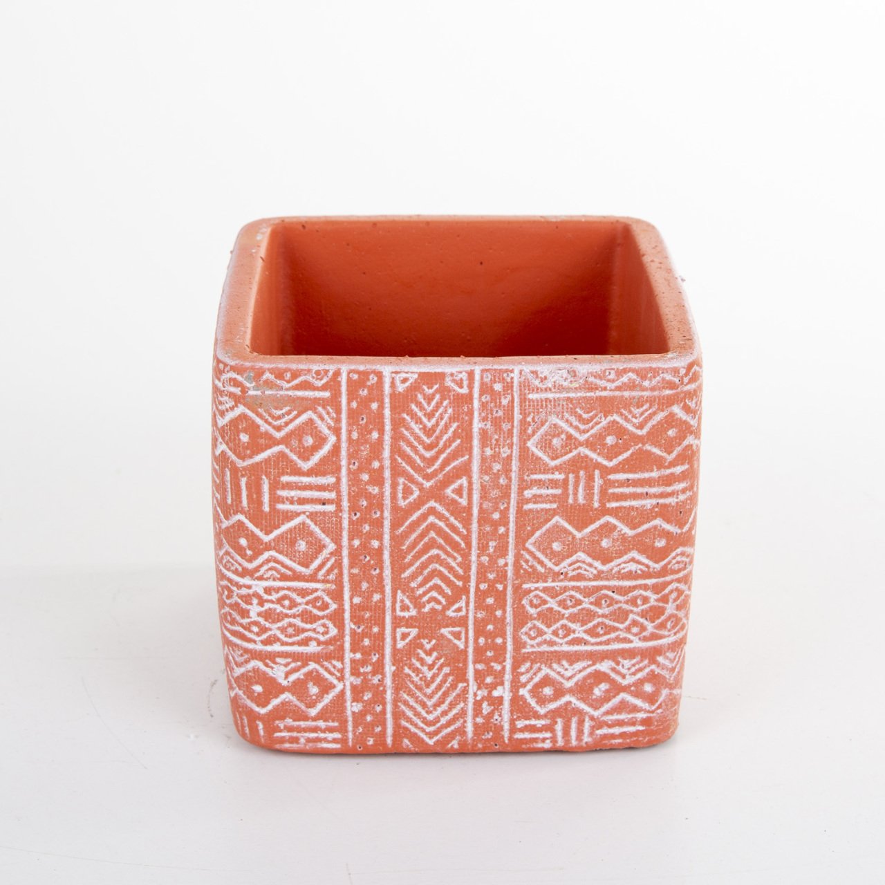 Veramaya Etnik Desenli Kiremit Renk Kare Beton Saksı 13x11,5 Cm