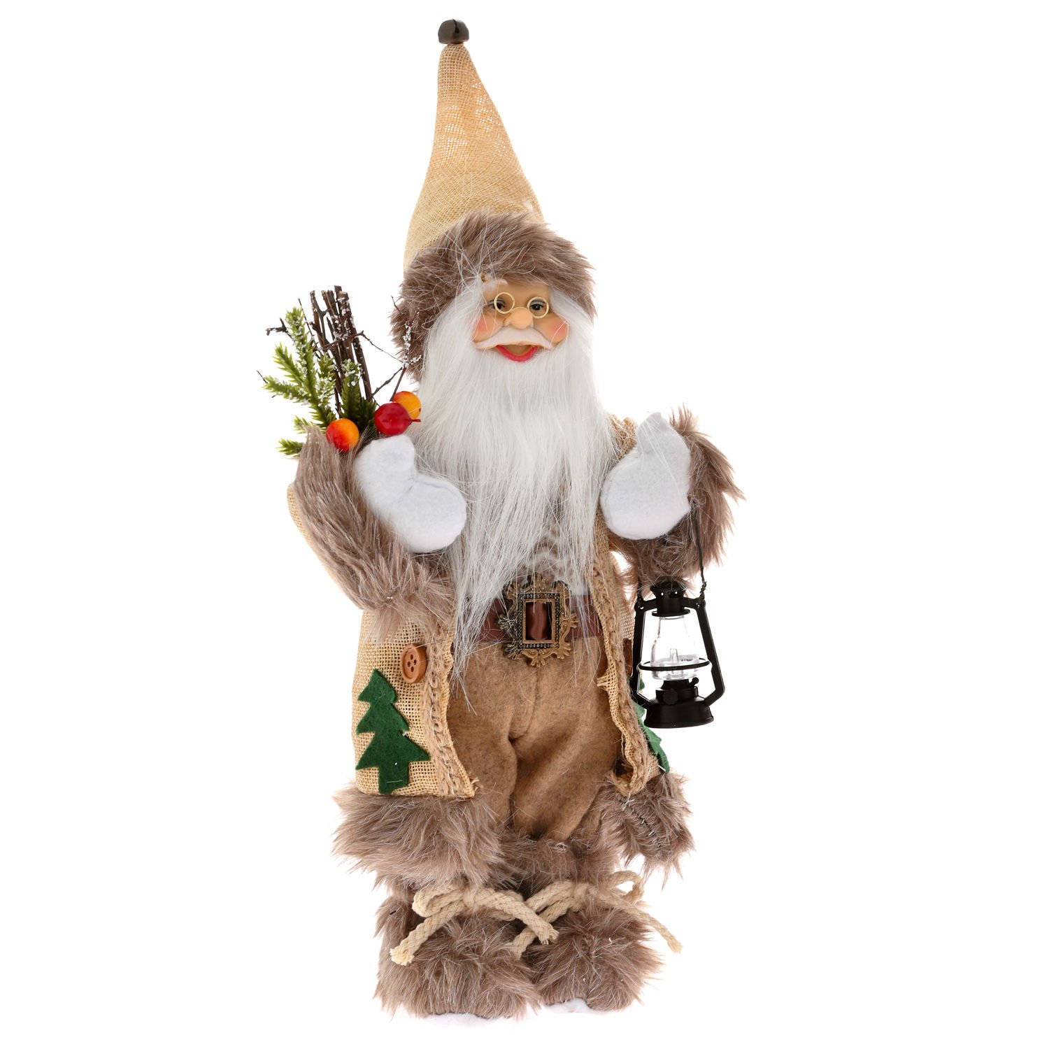 Sağ Elinde Yılbaşı Süsü Sol Elinde Fener Taşıyan Noel Baba Krem 16 x 30 Cm.