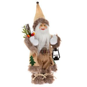 Sağ Elinde Yılbaşı Süsü Sol Elinde Fener Taşıyan Noel Baba Krem 16 x 30 Cm.