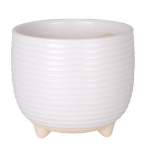 Seramik Saksı Ayaklı Yatay Kabartma Çizgili Beyaz 13x11,5 Cm.