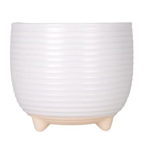 Seramik Saksı Ayaklı Yatay Kabartma Çizgili Beyaz 13x11,5 Cm.