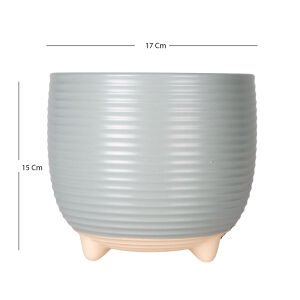 Seramik Saksı Ayaklı Yatay Kabartma Çizgili Pudra Mavi 17x15 Cm.