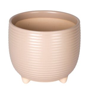 Seramik Saksı Ayaklı Yatay Kabartma Çizgili Krem 17x15 Cm.
