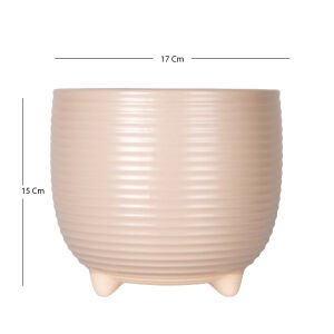 Seramik Saksı Ayaklı Yatay Kabartma Çizgili Krem 17x15 Cm.