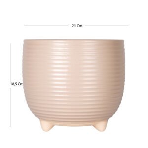 Seramik Saksı Ayaklı Yatay Kabartma Çizgili Krem 21x18,5 Cm.