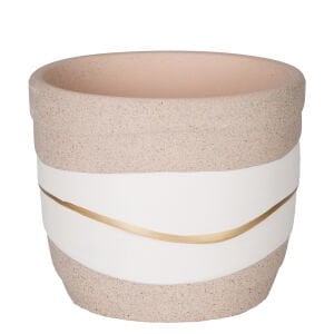 Seramik Saksı Gold Şeritli Desenli Bej-Beyaz 12x10 Cm.