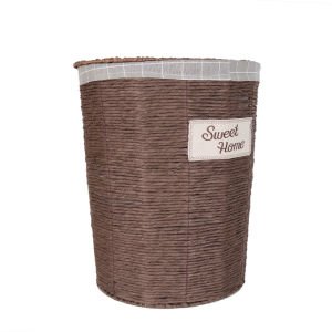 Yuvarlak Sweethome Kapaklı Hasır Çamaşır Sepeti (Gri Kare Kumaş İçli) Kahverengi 43 X 53 X 43 Cm