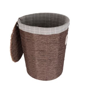Yuvarlak Sweethome Kapaklı Hasır Çamaşır Sepeti (Gri Kare Kumaş İçli) Kahverengi 43 X 53 X 43 Cm